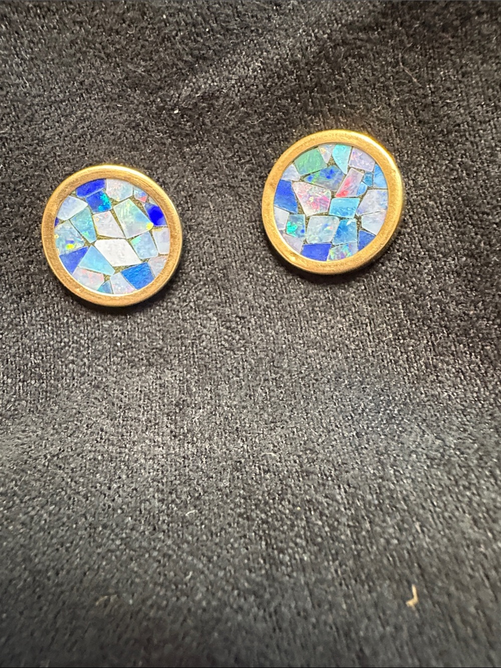 14k Gold- Opal Blue Mosaic Round Stud Earrings